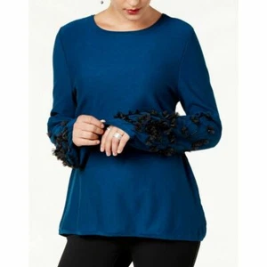 Alfani Women's Blue Embellished Bishop Sleeves Pullover Sweater MSRP $89 A3803 - Picture 1 of 9