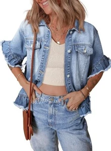 2XL Womens Denim Jackets Casual Short Sleeve Button Down Ruffle Jean NEW - Picture 1 of 6