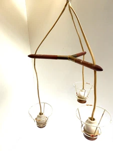 VINTAGE DANISH TEAK & BRASS 3 ARM PENDANT LIGHT SHADE FITTING MID CENTURY - Picture 1 of 11
