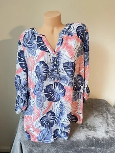Emily Daniels 2x Top Tunic Blouse Linen Rayon Pink Blue Coastal Palm 4795 Xxl 18 - Picture 1 of 12