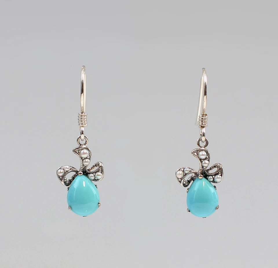 9927016  Ohrringe 925er Silber Türkis Süßwasserperlen vintage 1x3cm - Bild 1 von 1