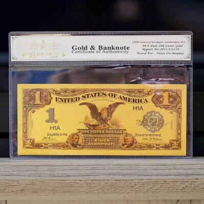 100mg 24K Gold 1899 $1 Dollar Black Eagle Silver Certificate Banknote White COA - Image 1 of 2