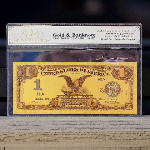 100mg 24K Gold 1899 $1 Dollar Black Eagle Silver Certificate Banknote White COA Cover