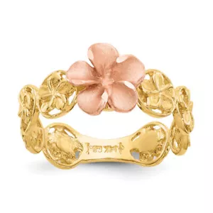 14K Solid Yellow Rose Gold Hawaiian Plumeria Flower Ring - Picture 1 of 17