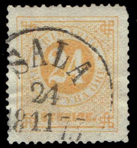 SWEDEN - 1872 - NUMERAL - 24o Org - Sc #24 - Used F - CV $23 - Picture 1 of 2