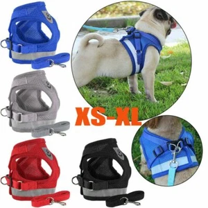 Dog Harness Pug Nylon Mesh Puppy Cat Harnesses Vest Reflective Walk Lead Leash - Picture 1 of 17