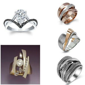 Creative Two Tone 925 Silver Rings Women Cubic Zirconia Wedding Ring Size 6-11