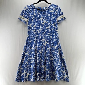 Talbots Petite Dress Sz Mp Cotton Interlock Fit & Flare Floral Short Sleeve Blue - Picture 1 of 13