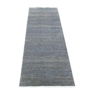 2'8"x10' Black Hand Knotted Wool and Silk Modern Grass Design Runner Rug R80166 - Picture 1 of 6