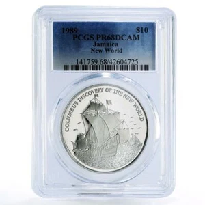 Jamaica 10 dollars The New World Columbus Ship PR68 PCGS silver coin 1989 - Picture 1 of 2
