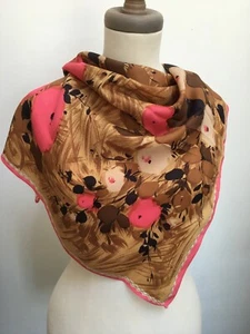 Vintage 1960s polyester abstract floral brush stroke scarf pink brown 66 cm sq - Picture 1 of 5