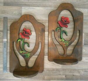 Large Vintage Rustic Wall Shelves Hand Painted Poppy Flowers Carved