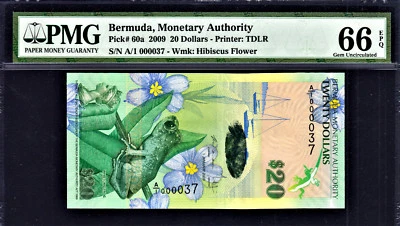 Bermuda $20 Hybrid Polymer 2009 1st Prefix LOW # A/1 000037 P-60a GEM UNC PMG 66 - Image 1 of 2