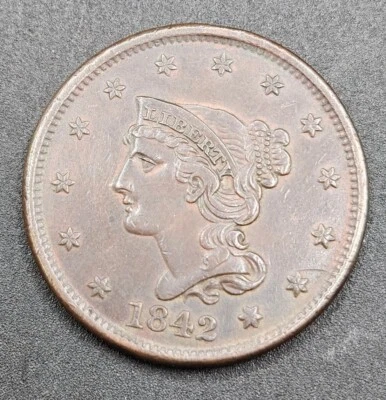 1842 (Large Date) Braided Hair Large Cent | CHOICE ALMOST UNCIRCULATED - Image 1 of 2