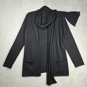 100% Cashmere Black Scarf Collar Open Front Cardigan Long Slv Pockets Size M-XL - Picture 1 of 17