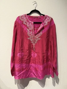 Weiche Umrandung rosa Indie Tye Dye bunte Seide Stickerei Tunika Bluse 2X - Bild 1 von 8