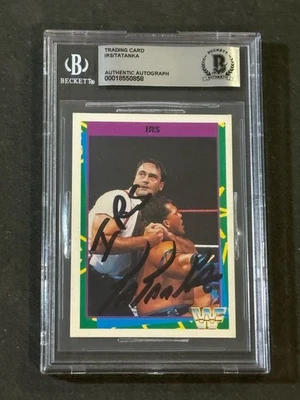 IRS & TATANKA 1995 MERLIN WWF SIGNED AUTOGRAPHED CARD BECKETT BAS AUTHENTIC - Image 1 of 2