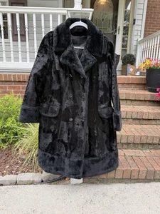 Vintage Union Made 70s Retro Black Faux Fur Persian Lamb Penny Lane Coat Large - Picture 1 of 9
