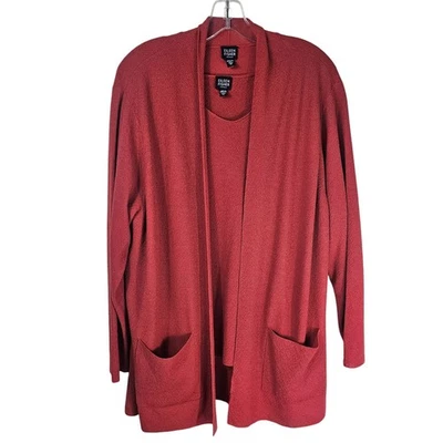 Eileen Fisher Orange/Red Wool Cardigan & Tank Set 1X Textured Relaxed Fit Office - Image 1 of 4