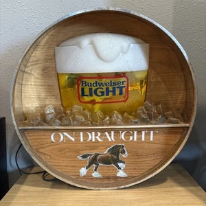 Vintage Budweiser Bud Light On Draw Barrel Frosty Mug on Ice Schild FUNKTIONIERT - Bild 1 von 6