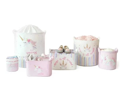 Set Of 6 Unicorns Storage Baskets Polyester Kids Childrens Bedroom Nursery Boxes - Image 1 of 4