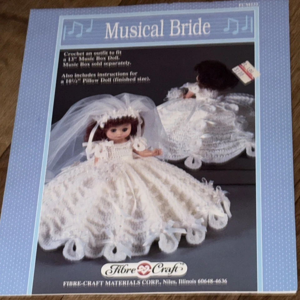 USED MUSICAL BRIDE PILLOW & BED DOLL DRESS FIBRE CRAFT CROCHET PATTERN LEAFLET - Image 1 of 1