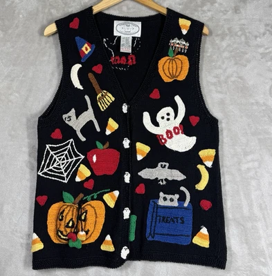 VINTAGE The Eagles Eye Halloween Candy Corn Ghost Hand Knit Sweater Vest M 90s - Image 1 of 4