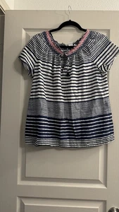 VINEYARD VINES shirt navy/white STRIPE size M peasant SMOCKED tassels short slv - Picture 1 of 6