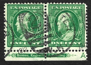 US Scott 374 (Pair), 1910 Franklin, 1c green, VERY FINE USED - Picture 1 of 1