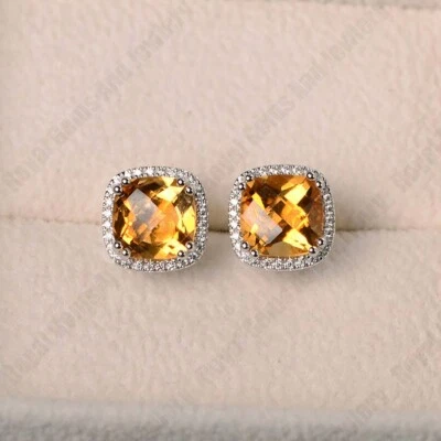 Natural Citrine Cushion Cut 925 Silver Stud Earrings , Women Jewlery Earrings . - Image 1 of 3