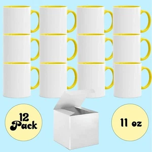 12 Pcs 11OZ Yellow Inner & Handle Blank Sublimation Coffee Mugs + White Boxes - Picture 1 of 4