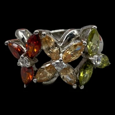 Anello Donna fiori zirconi cristalli a goccia verdi gialli arancioni Argento 925 - Immagine 1 di 4