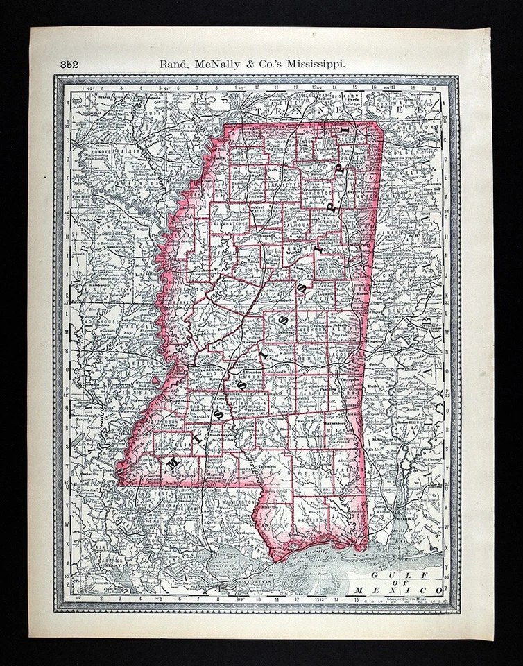 Mapa ferroviario Rand McNally 1881 Mississippi Jackson Natchez Biloxi Gulf Shores MS Foto 1 de 4