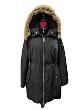 Calvin Klein Black Women Duck Down Hooded Fur Trim Puffer Black Full Zip Coat 