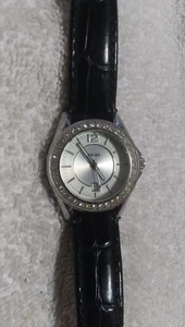 Fossil Riley ES-2878 Quartz Watch Silver Dial Black Leather Band New Bat Works ! - Picture 1 of 11