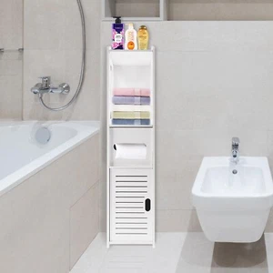 BATHROOM TOILET PAPER ROLL HOLDER FLOOR STANDING STORAGE CABINET WHITE WOODEN - Picture 1 of 17