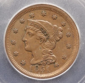 1851 Large Cent Liberty Head ICG AU58 Details Corroded Cleaned Copper Coin - Picture 1 of 5