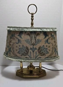 Vintage Small Brass Bouillotte Two Armed Table Lamp With Rare Ornate Shade - Picture 1 of 24