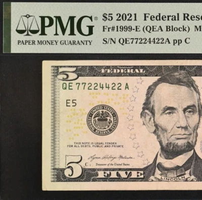 2021 $5 FRN Richmond PMG 25 - Eye Catching - Fancy Serial Number 77224422 - Image 1 of 3