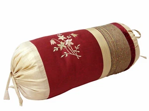 (29830) Cover Cushion Bed Sofa Roll Round Garnet Red Golden Flower Embroidered - Picture 1 of 1