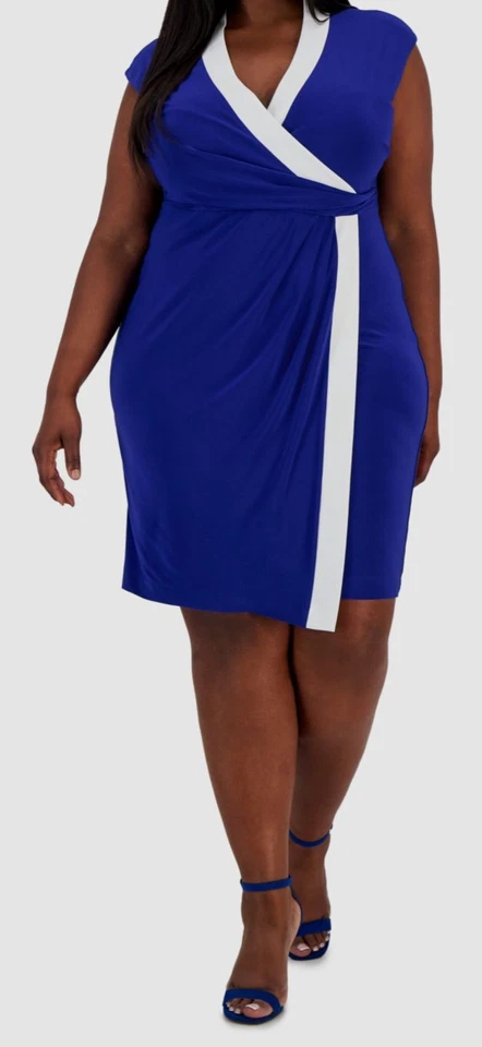 /LX083/ Kasper Plus Colorblock Faux-Wrap Cap-Sleeve Jersey Dress Blue Sz 1X