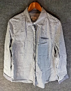 D&Co Shirt Women's Size Large Gray White Striped Button Up Collared - Picture 1 of 8
