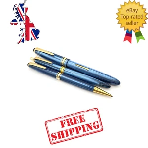 VINTAGE ONOTO NO 11 FOUNTAIN PEN TRIPLE SET IN BLUE SWIRL FIRM 14K MEDIUM NIB - Foto 1 di 16