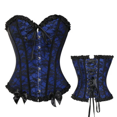 Women Lace Up Boned Bustier Corset Overbust Burlesque Waist Cincher Lingerie Top - Image 1 of 4