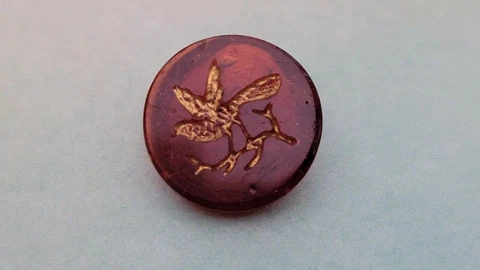Scarce & Amazing Antique Ruby Glass Button w Gold Bird etched Cover
