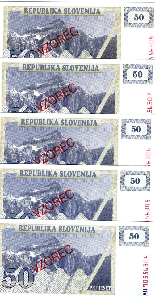 LOT SPECIMEN, Slovenia, 5 x 50 (Tolarjev), 1990, P-5s1, UNC - Image 1 of 1