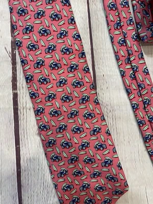 Vineyard Vines Mens Tie 100% Silk Pink with Blue Jeeps and Surf Boards - Image 1 of 3