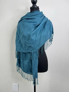 Nordstrom 100% Cashmere Teal Blue Wrap Scarf Fringe Blanket 28"x80" Cozy - Picture 1 of 4