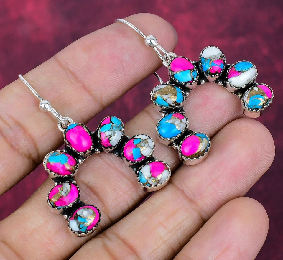 Pendientes de joyería de plata de ley 925 hechos a mano con piedras preciosas turquesa algodón caramelo Foto 1 de 4