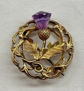 Antike 10k Gold schottische schottische Distel mit lila Amethyst Anstecknadel Brosche 3,5g - Bild 1 von 8